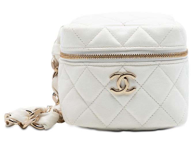 Weiße Chanel CC gesteppte Lammleder Cube Zip Clutch mit Kette Vanity Bag