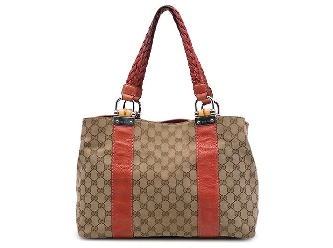 Bamboo Tote Libeccio em lona GG Canvas e bambu bege Gucci Medium