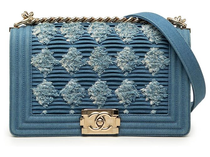Borsa a tracolla Chanel Old Medium Pleated Denim Boy Flap blu