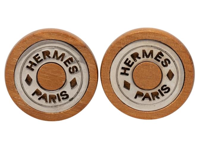 Brown Hermès Wood and Palladium Sellier Clip On Earrings 