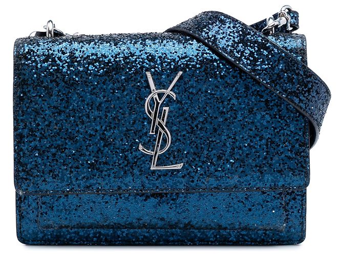 Pequena bolsa transversal Saint Laurent Sunset em couro com monograma azul com glitter