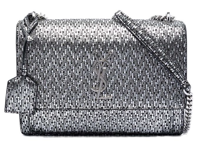 Borsa a tracolla Saint Laurent Medium Metallic Woven Leather Monogram Sunset argento