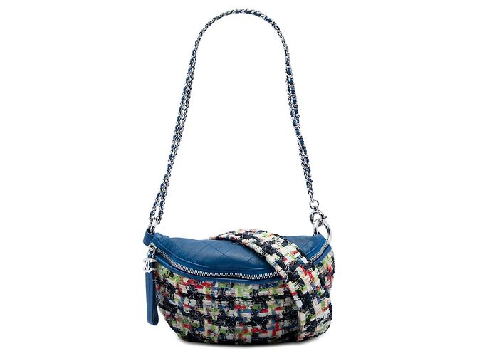 Borsa a vita convertibile Chanel in tweed blu e vitello trapuntato