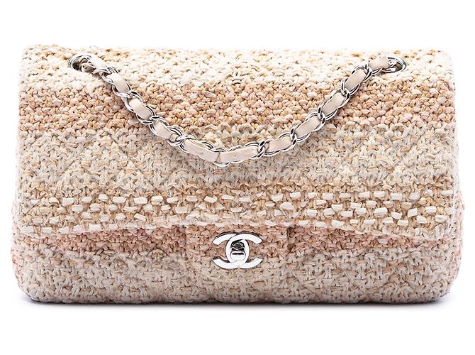 Bolso de hombro Chanel Medium Classic Tweed Double Flap beige