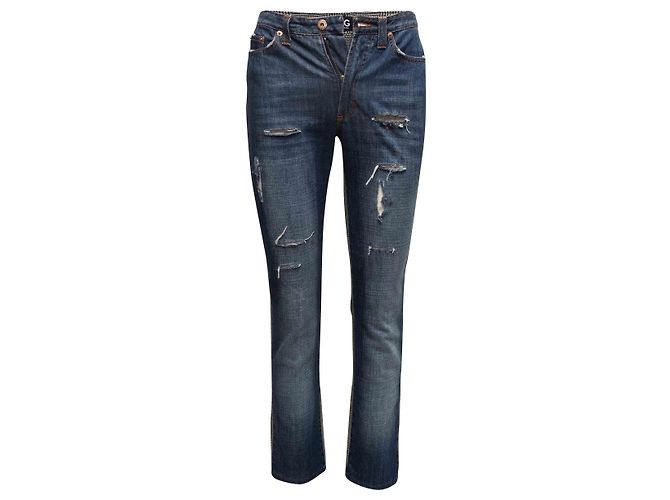 Dolce & Gabbana Calças Patchwork D&G em Denim Medium Wash & Glen Plaid Tamanho IT 42 Azul