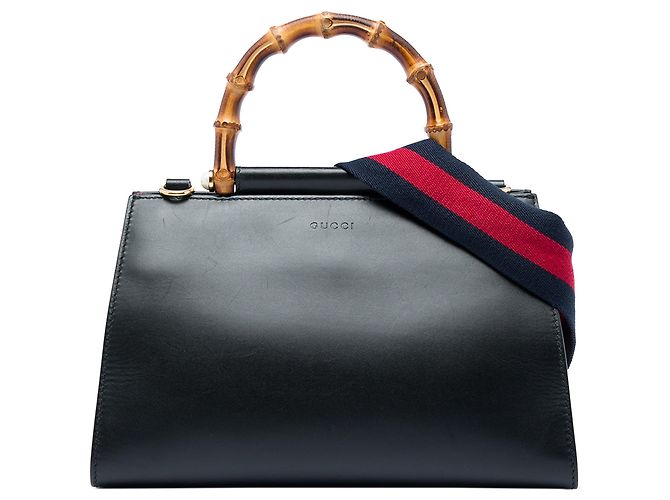 Bamboo Bolsa Satchel Gucci Nymphaea Small em couro de bezerro preto com bambu e Web