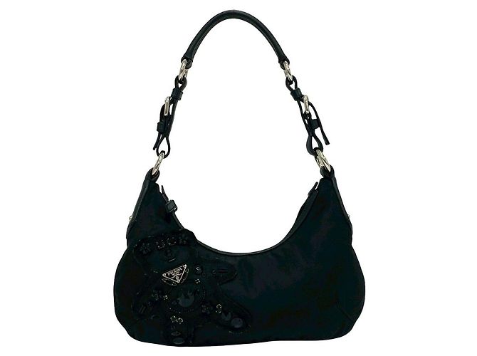 Borsa a tracolla da sera Prada Beaded Tessuto nera Nero