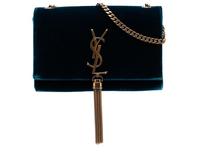 Borsa a tracolla piccola Saint Laurent Kate in velluto blu con monogramma e nappa