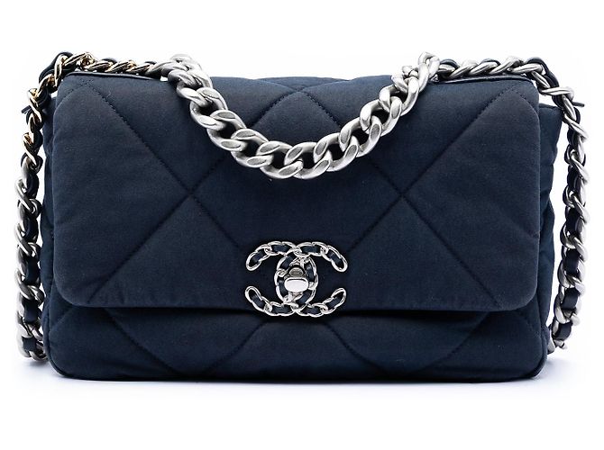 Borsa Chanel Medium Quilted Jersey 19 Flap Satchel Blu
