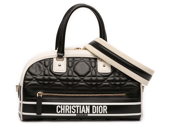 Borsa Bowling Dior Vibe Medium in pelle Cannage nera con cerniera Nero
