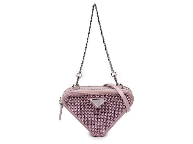 Bolsa Triangle Prada Mini em cetim e couro rosa com cristais