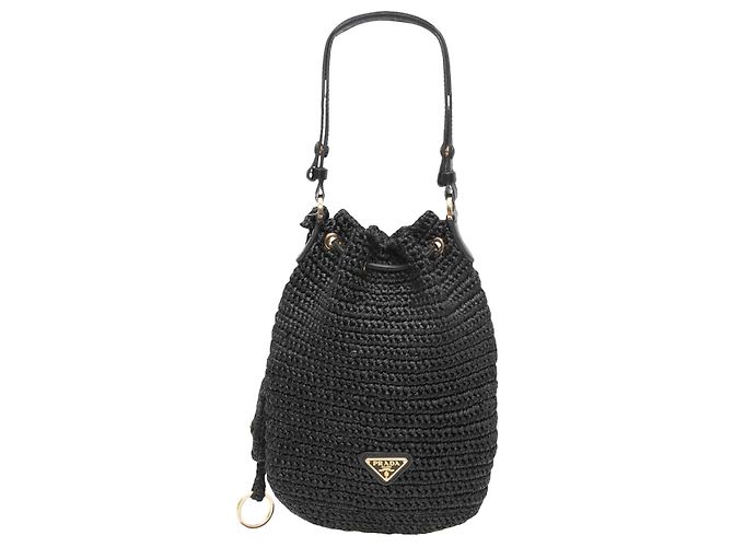 Borsa a secchiello Prada in rafia e pelle nera Nero