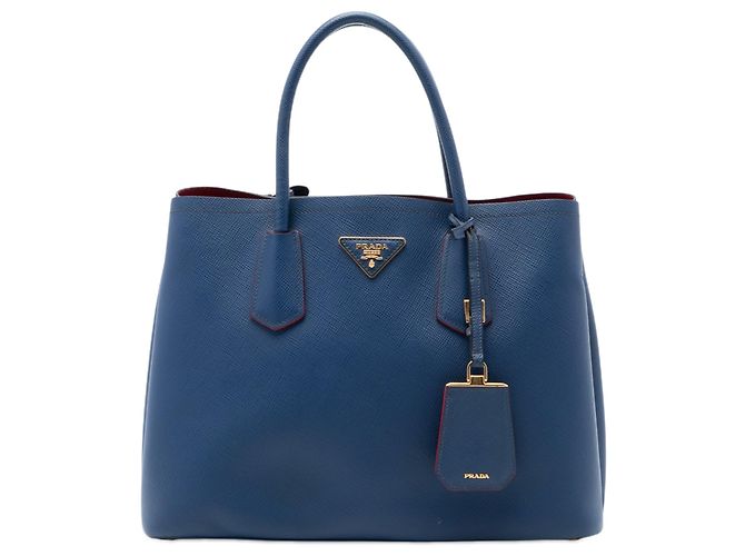 Bolsa Double Satchel Prada Medium em couro Saffiano azul