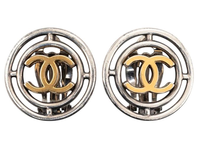 Chanel CC runde Clip-On-Ohrringe aus silberfarbenem Messing