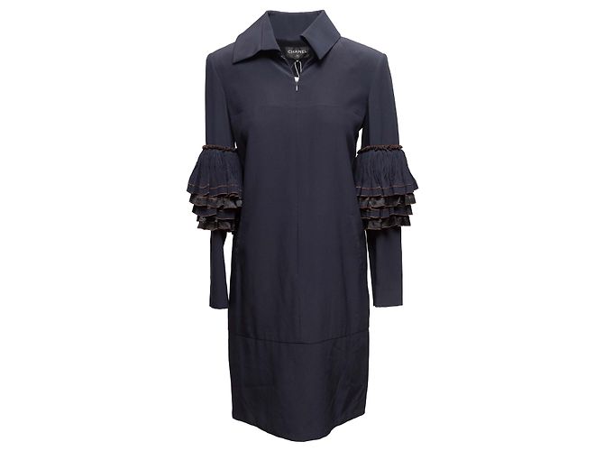 Designers Remix Navy Chanel Silk Ruffle-Trimmed Zip Coat Size FR 36