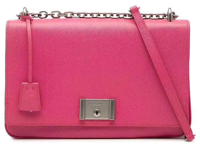 Borsa a tracolla con patta e catena Prada Saffiano Lux Lock Rosa