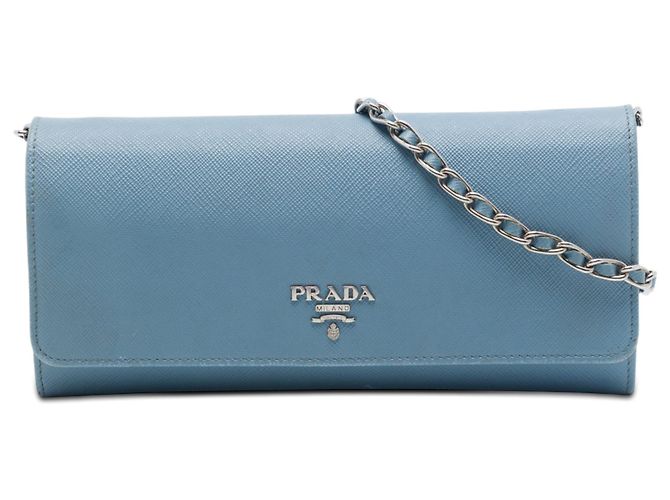 Borsa a tracolla Prada Saffiano Blue con portafoglio e catena