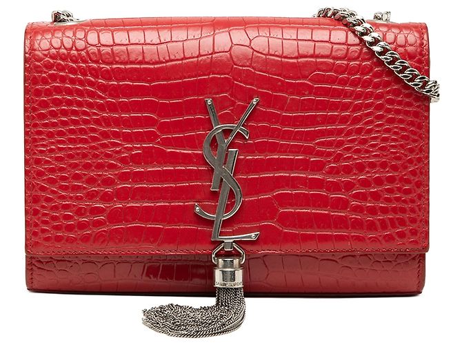 Bolsa Tiracolo Saint Laurent Kate Small em couro com relevo de crocodilo vermelha com monograma e tassel Vermelho