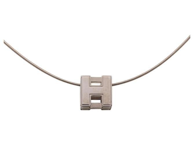 Silver Hermès Palladium Plated Enamel Cage dH Cube Necklace Silvery 