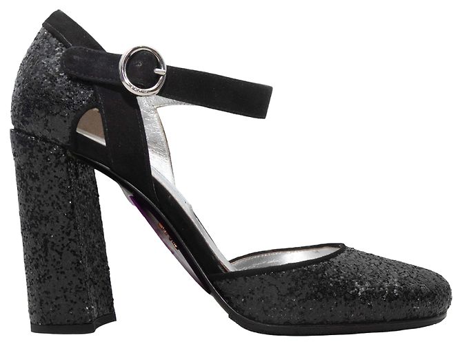 Sapatos de salto com tira no tornozelo Prada em glitter preto Tamanho 37.5
