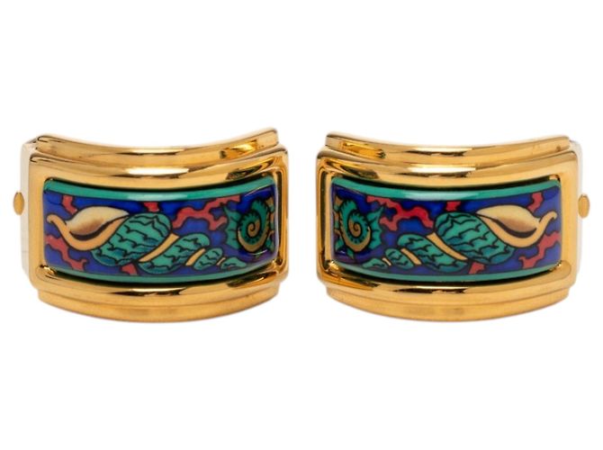 Boucles d'oreilles clips Hermès en émail cloisonné plaqué or Gold Doré 
