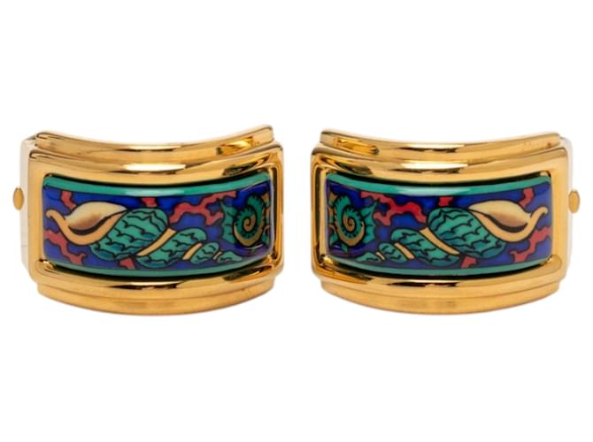 Brincos de pressão Hermès em esmalte cloisonné banhados a ouro Gold Dourado 