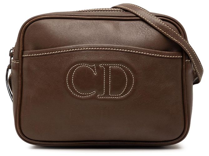 Borsa a tracolla Dior in pelle marrone con cuciture e logo CD