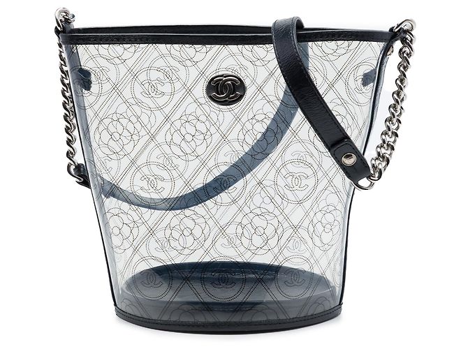 Borsa a secchiello Chanel Coco Camellia Medium in PVC nero e vitello stropicciato