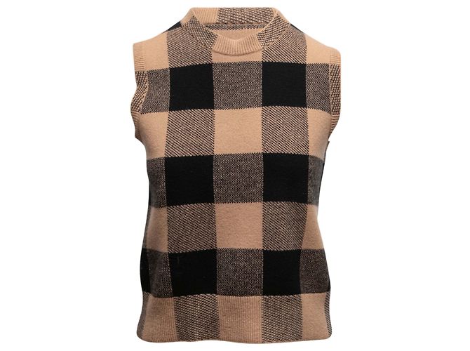 Christian Dior ärmelloses Stricktop mit Gingham-Karos in Tan & Black Größe US S Kamel