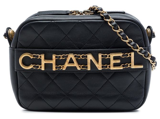 Borsa Camera Chanel in vitello matelassé nera con logo e catena Nero