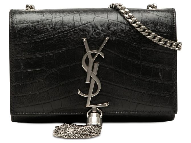 Borsa a tracolla Saint Laurent Kate Small in pelle effetto coccodrilo nera con monogramma e nappe Nero