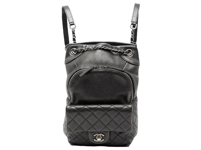 Black Chanel Small CC Calfskin Drawstring Flap Backpack