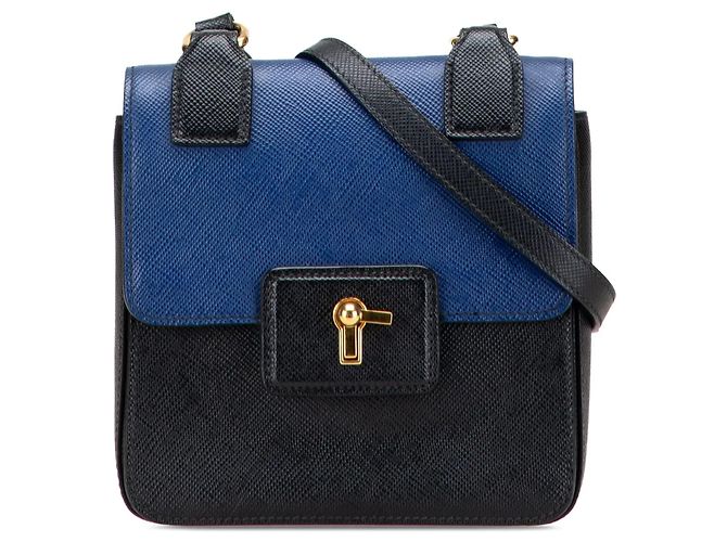 Borsa a tracolla con patta Prada Bicolor Saffiano Cuir Nera Nero