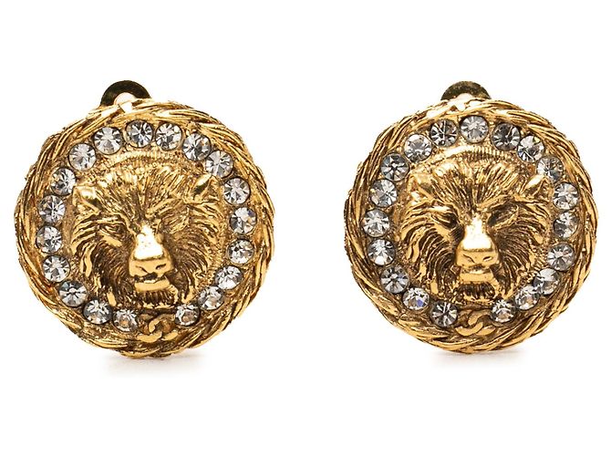 Chanel vergoldete Clip-On-Ohrringe mit Löwenkopf und Strass Golden