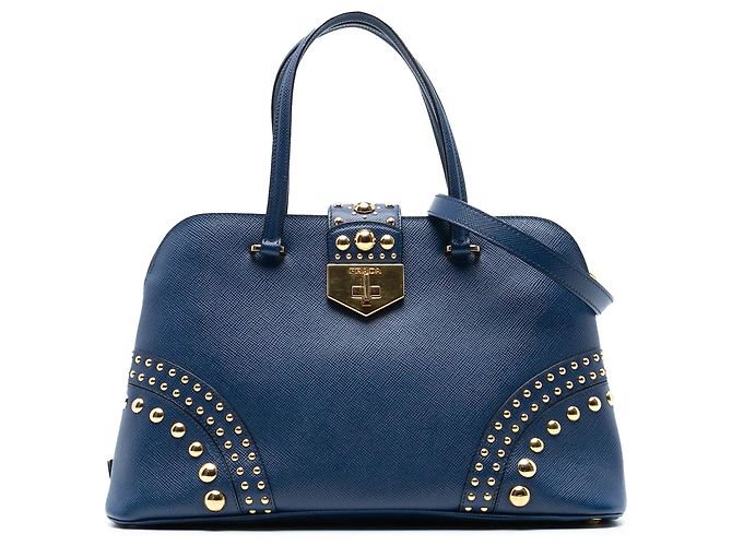 Borsa Promenade Prada in pelle Saffiano blu con borchie