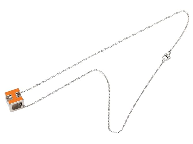 Collier pendentif Cage D en laque orange Hermès plaqué palladium 
