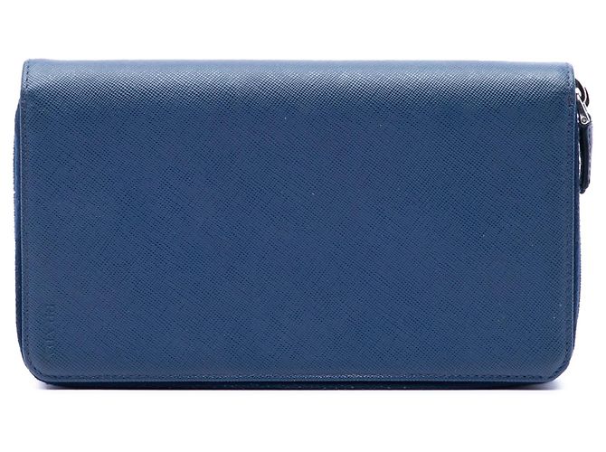 Portafoglio lungo Prada Saffiano con doppia zip blu