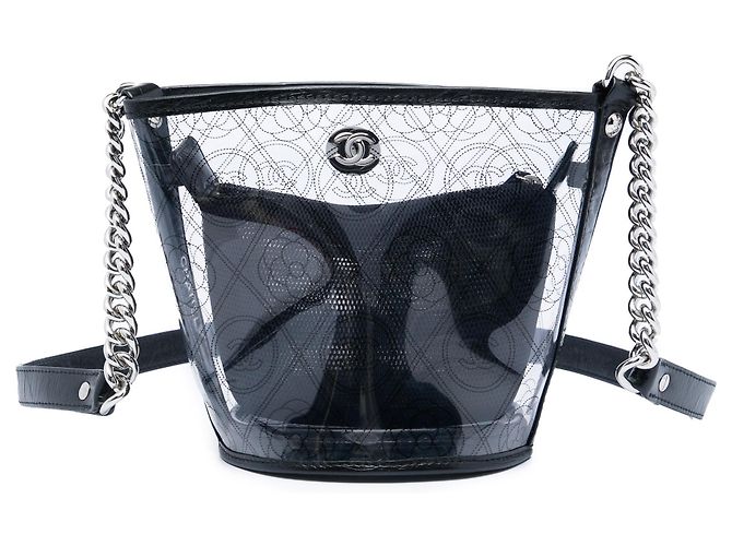 Borsa a secchiello Chanel Coco Camellia Small in PVC nero e vitello stropicciato