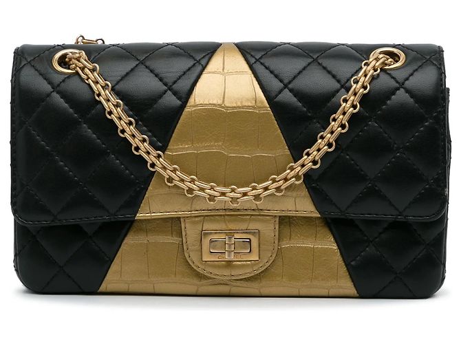 Borsa Chanel 2.55 Reissue Double Flap Medium in pelle d'agnello embossed croc nera Nero