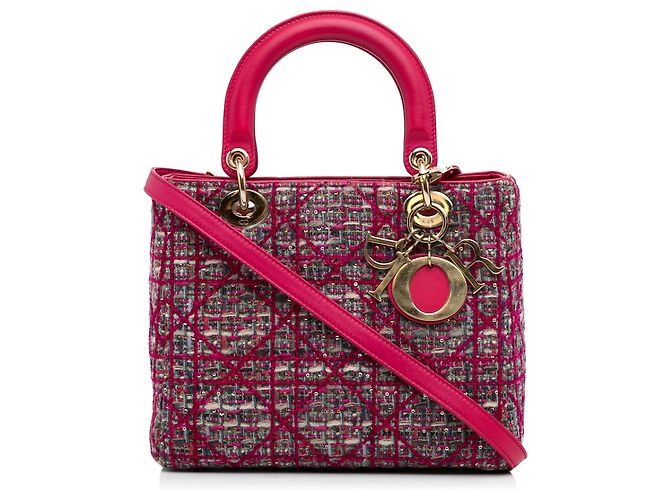 Bolsa Lady Dior Satchel Medium em tweed Macrocannage rosa