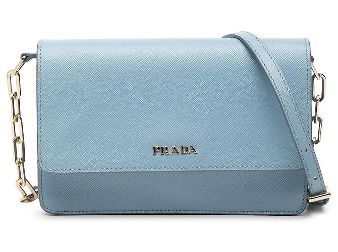 Blue Prada Saffiano Lux Wallet On Chain Crossbody Bag
