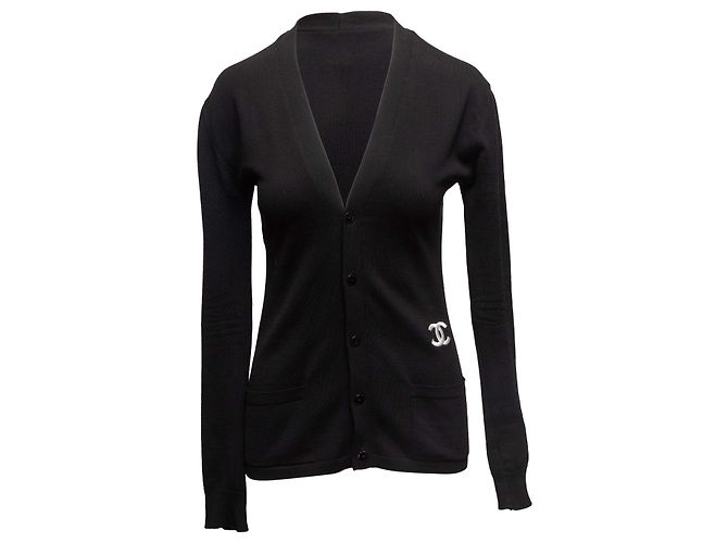 Chanel Wollcardigan mit V-Ausschnitt in Schwarz & Weiß Größe FR 48