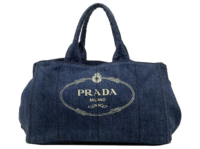 Tote Borsa Satchel Prada Large Denim Canapa Logo Blu