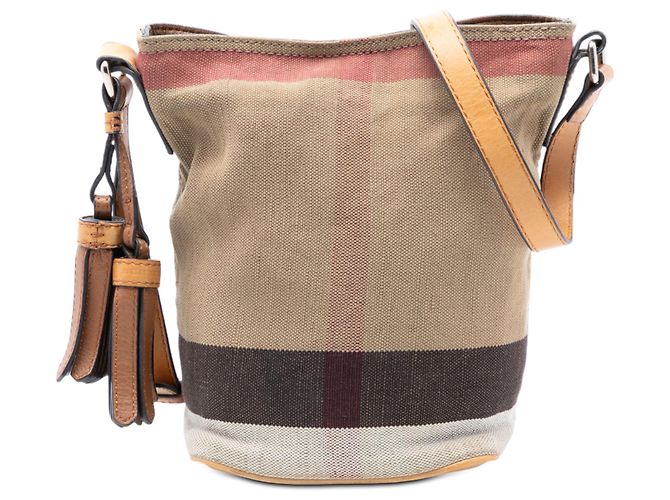 Bolsa Bucket Burberry Mini Mega Check Canvas Ashby com borlas castanha Marrom