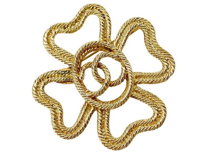 Spilla Chanel CC placcata oro con trifoglio e corda D'oro