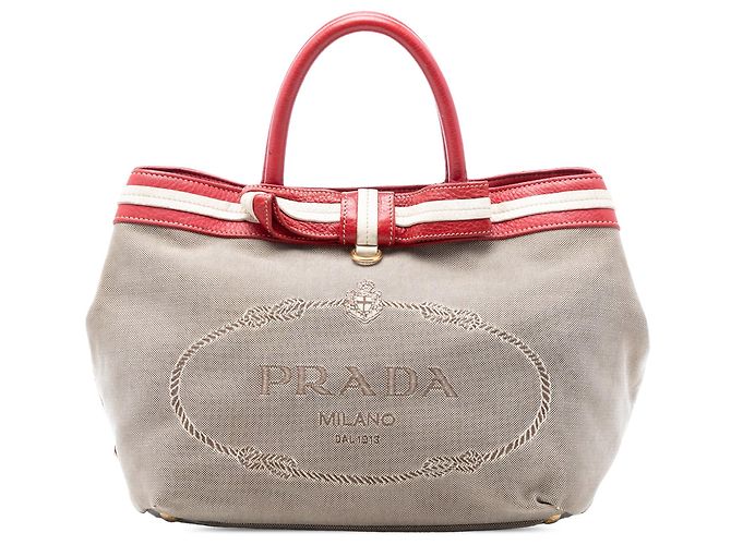 Tote Sacola Prada em Canvas Canapa Logo Bege