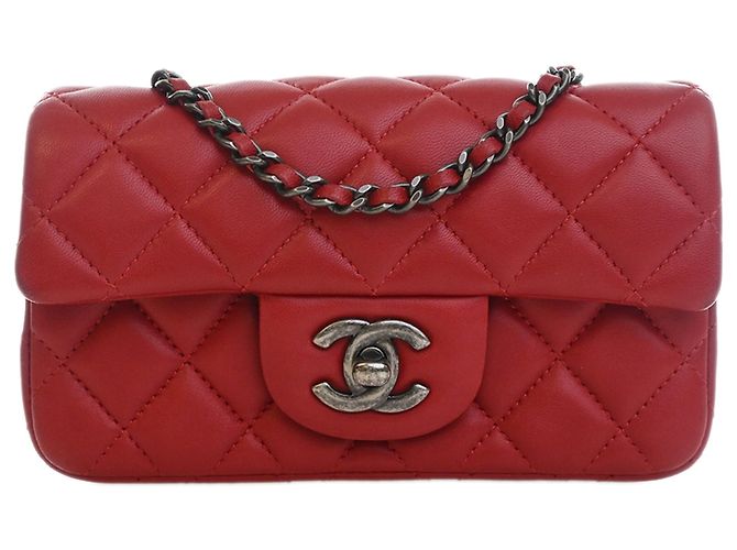 Bolsa Tiracolo Chanel Extra Mini Rectangular Classic em pele de cordeiro vermelha com aba única Vermelho