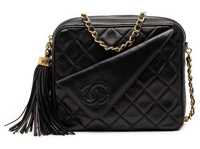 Borsa Camera Chanel Mini CC Quilted in pelle d'agnello nera con nappina Nero