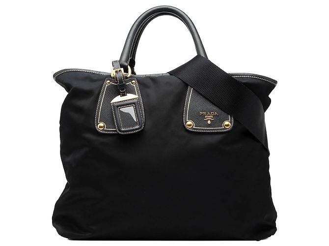 Bolsa Satchel Prada em Tessuto com acabamento em Saffiano preta Preto