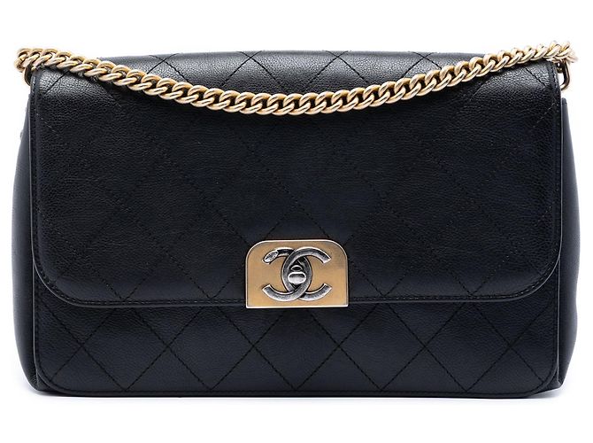 Bolsa transversal Chanel Medium de pele de vitelo acolchoada preta com aba de linha reta Preto